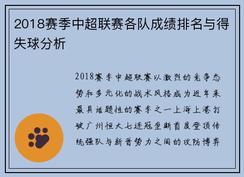 2018赛季中超联赛各队成绩排名与得失球分析