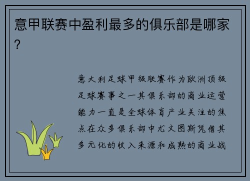 意甲联赛中盈利最多的俱乐部是哪家？