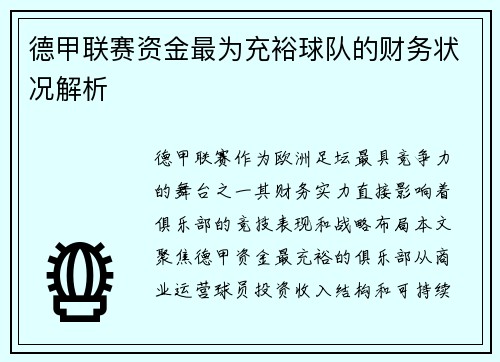 德甲联赛资金最为充裕球队的财务状况解析